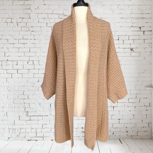 Garnet Hill Cardigan 100% Cashmere Cable Knit Oversized Coatigan Tan Large $425 - Picture 1 of 15